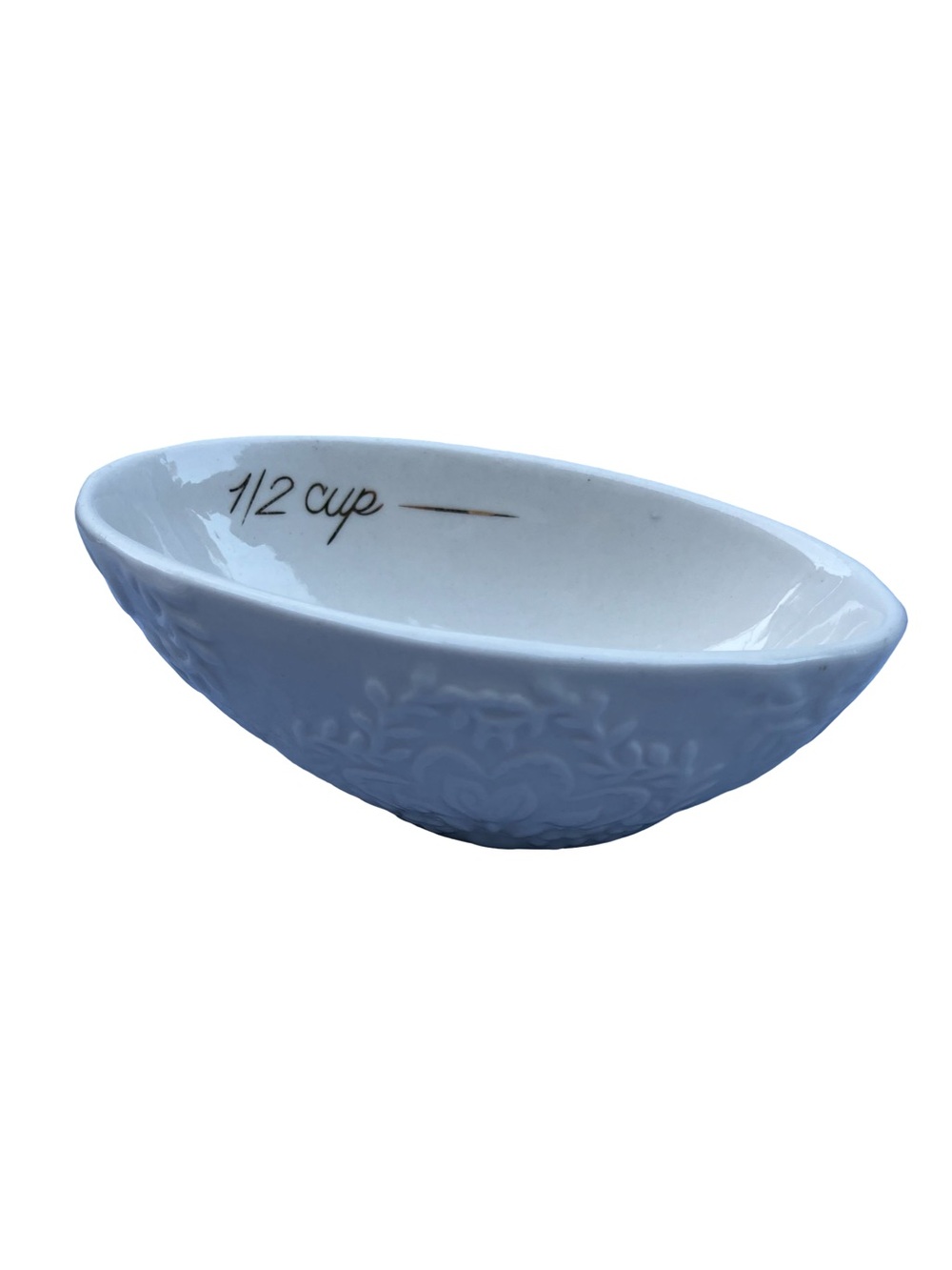 White Ceramic 1/2 Cup Measuring Dish Embossed Floral